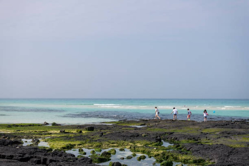 Bezoekers wandelend langs de kust van Jeju in de zomer