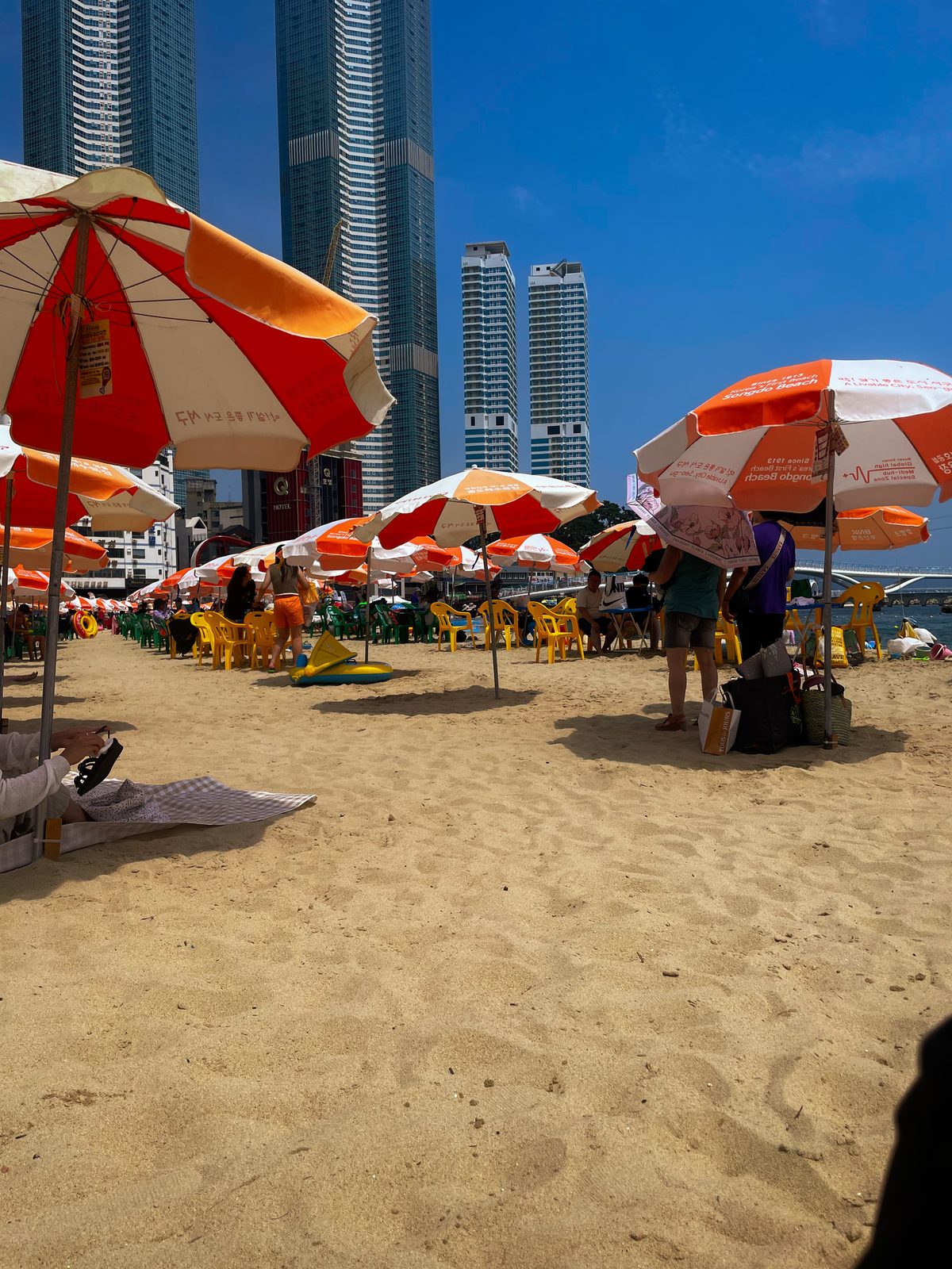 Parasols on Songdo beach in Busan in summer